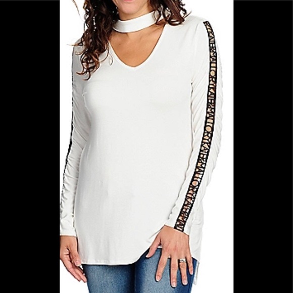 Kate & Mallory® Knit Long Sleeve Mock Neck Keyhole Embroidered Top - Picture 1 of 10